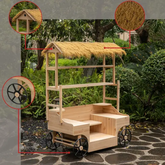 Vintiquewise Versatile Multi-Tier Shelves Wooden Rolling Cart - Perfect for Festival, Event Stand, Food Tasting Table, Garden Floral Display Rack, & Home Decor with Straw Roof and 2 Black Wheels {6}