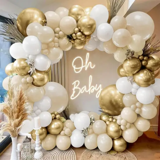 Sand White Gold Balloon Arch Kit, White Beige Chrome Gold Balloons Cream Balloons Metallic Gold Balloons {1}
