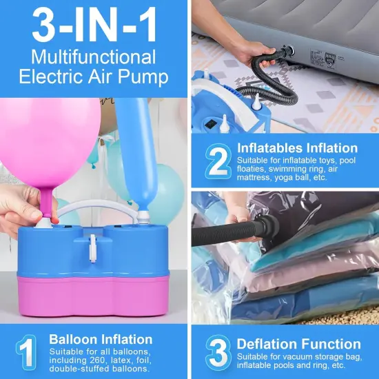 Electric Balloon Pump 3-in-1 Portable Air Balloon Pump for Latex 260Q Long Foil Balloons, 110V Automatic Dual Nozzle Inflator Deflator Inflatables, Pool Floats Raft, Air Mattress (Blue Pink) {1}