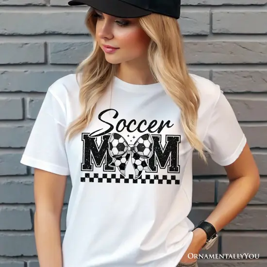 Soccer Mom Coquette Bow Retro T-Shirt, Stylish Game Day White Tee for Trendy and Proud Sports Mothers {2}