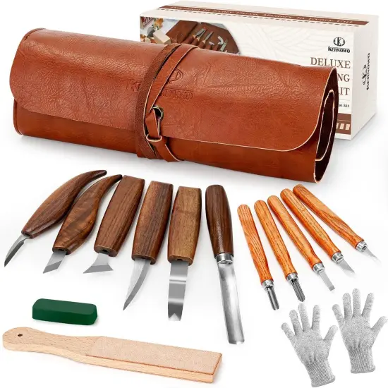 Wood Carving Tools, 15Pcs Wood Carving Kit with PU Storage Bag, Wood Whittling Kit with 6Pcs Whittling Knives & 5 Detail Carving Knives for Adults Wood Carving DIY {1}