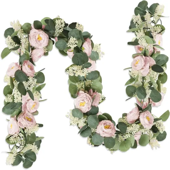 2 Pcs Pink 6.6Ft Artificial Eucalyptus Flower Garland with Fake Rose Flower Vine Seeded Eucalyptus Leaves Greenery Garland for Wedding Table Backdrop Party Centerpiece Room Decor (Pink) {1}