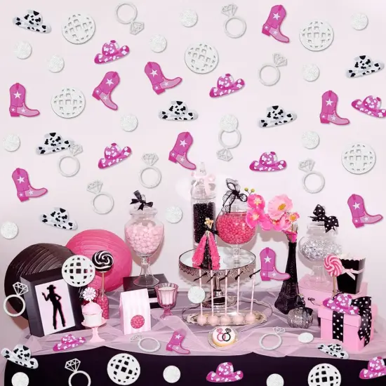 Cowgirl Disco Bachelorette Confetti, Disco Cowgirl Bachelorette Party Decorations, Glitter Disco Ball Ring and Pink Cowgirl Boot Hat Confetti for Bachelorette Bridal Shower Table Decor（100pcs） {5}