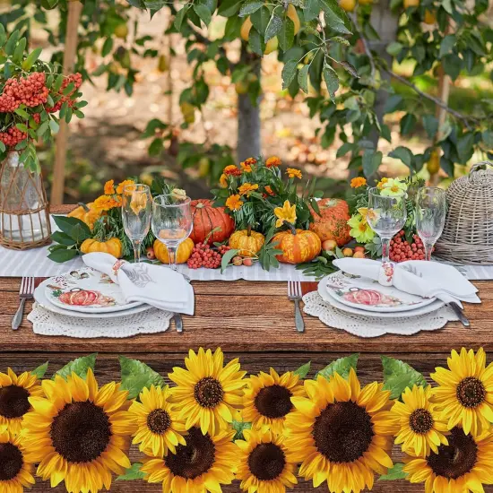 3 Pcs Sunflower Wood Grain Plastic Rustic Tablecloth Vintage Rectangle Table Covers Countryside Outdoor Tablecloth for Dining Table Kitchen Party Banquet, 54 x 108 Inch {4}