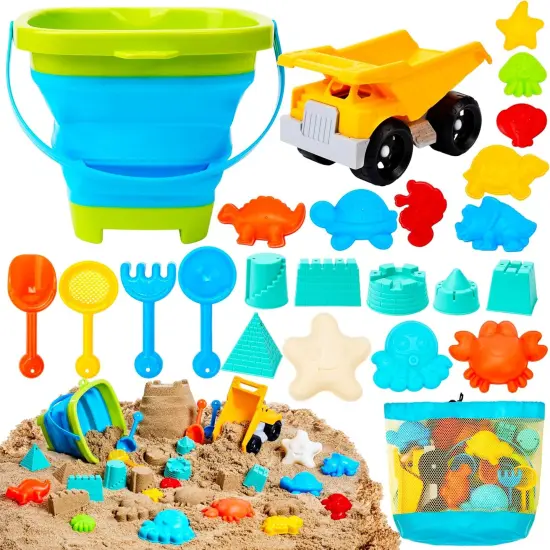Summer Beach Sand Toys Set - Dump Truck Car Toy with Sand Molds for Toddlers Outdoor Play, Collapsible Foldable Buckets Mesh Bag Shovels Castle Animal Mold Sets, Kids Ages Sandbox Toys (Animals) {1}