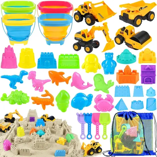 Summer Beach Toys, 40Pcs Sand Toys for Toddlers 1-3 with Sand Construction Vehicles Set, Collapsible Sand Bucket {1}