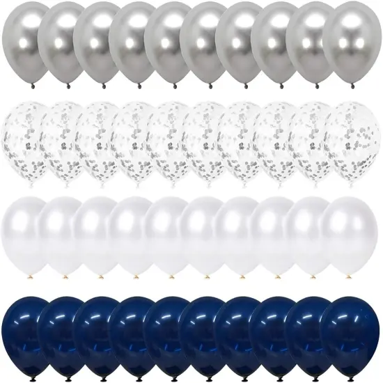 Navy Blue and Silver Confetti Balloons, 50pcs 12 inch Metallic Silver and White Pearl Party Balloons {1}