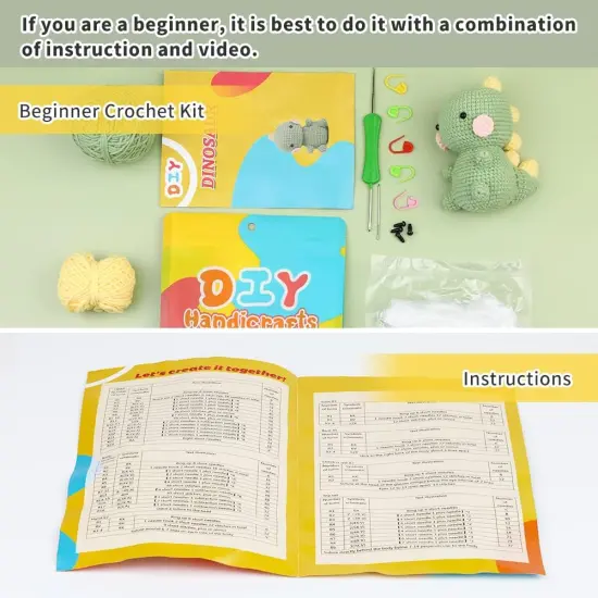 Beginners Crochet Kit, Crochet Animal Kit, Knitting Kit with Yarn, Polyester Fiber, Crochet Hooks, Step-by-Step Instructions Video, Crochet Starter Kit for Beginner DIY Craft Art (Dinosaur) {5}