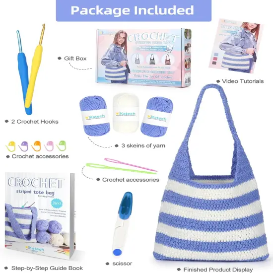 Crochet Kit for Beginners - Striped Tote Bag Set Includes Yarn, Hooks, Step-by-Step Guide, Needles & Accessories - Adults & Kids Crochet Starter Gift {2}