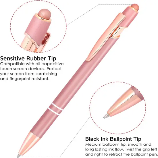 12pcs Ballpoint Pens, 2-in-1 Retractable Ballpoint Pen, 1.0mm Black Ink Soft Touch Click Metal Pen with Stylus Tip for Touch Screens（Rose Gold Color） {2}