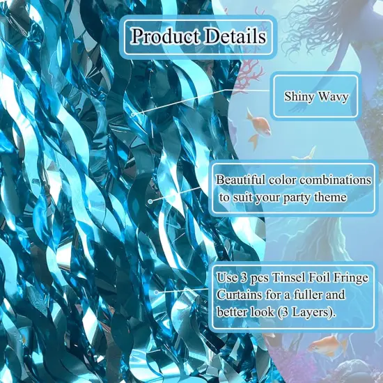 Wavy Tinsel Foil Fringe Curtains 3 pcs Teal Blue Backdrop for Mermaid Birthday,Under The Sea Party,Baby Shark Birthday Decorations(3.2 ft x 6.6 ft) {3}