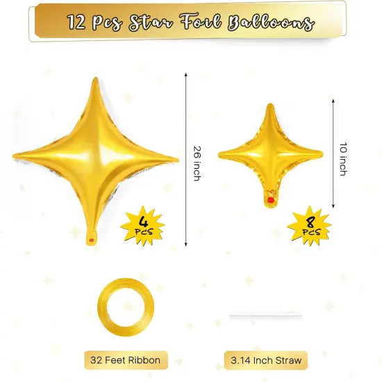 12 Pcs Four Angle Star Balloons,26 Inch and 10 Inch Gold Star Foil Balloons,Quadrangle Balloon Mylar Balloons Helium Balloons for Birthday Party Anniversary Wedding Baby Shower Decorations (Gold) {2}
