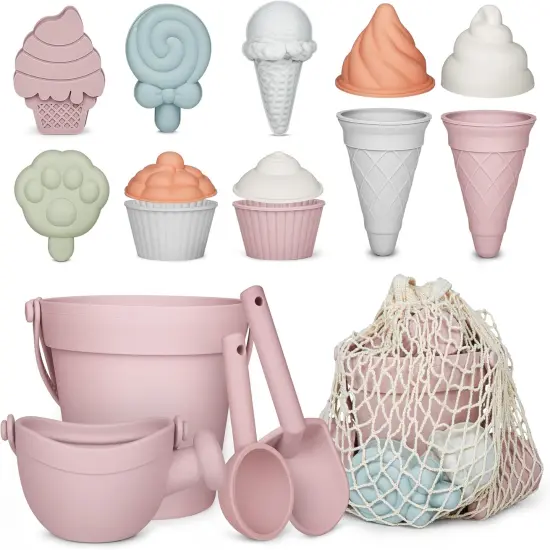 17Pcs Summer Silicone Beach Toys,Modern Baby Beach Toys,Travel Friendly Beach Set,Silicone Bucket, Watering Can, Shovel, 12 Sand Molds, Beach Bag,Silicone Sand Toys for Toddlers, Kids (Pink) {1}