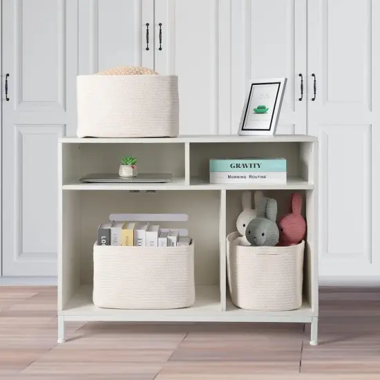 Summer Cotton Rope Storage Basket Bins Woven Basket for Organizing Shelves Rectangle Decorative Baskets For storage Clothes Toys Books Towels Square Wicker Nursery basket organizer 3 pack white {4}