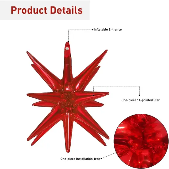 6 Pcs Red Star Foil Balloons One-Piece 14-Pointed Star Balloons 4D Starburst Cone Mylar Balloons 22inch Christmas Birthday Wedding Wedding Anniversary Party Supplies(Red) {3}