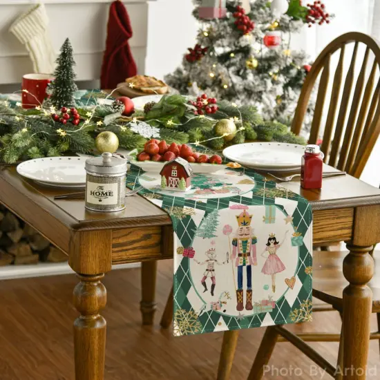Green Diamond Plaid Nutcracker Snowflake Christmas Table Runner, Seasonal Winter Kitchen Dining Table Decoration for Home Party Decor 13x72 Inch {2}