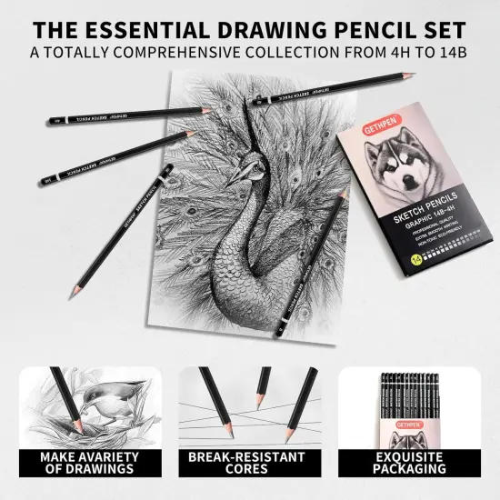 Professional Drawing Sketching Pencil Set - 14 Pieces Graphite Pencils(14B - 4H), Ideal for Drawing Art, Sketching, Shading, Artist Pencils for Beginners & Pro Artists {5}