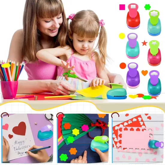 6 Pcs Colorful Craft Hole Punch with 30 Pcs Colorful Craft Sticker Paper Punch 1 Inch Paper Punchers Scrapbook Punches with Craft Sticker Paper, Flower, Round, Star, Square, Heart, Wave Circle Shape {3}