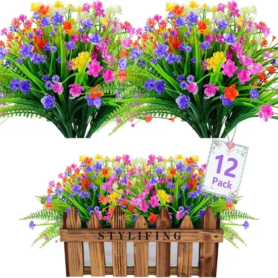 12 Bundles Summer Potted Plants Artificial Flowers for Outdoor UV Resistant Plastic Plants Fake Flowers {1}