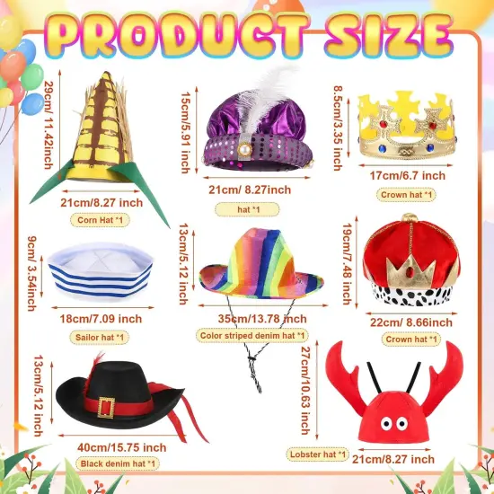 8 Assorted Funny Hats Crazy Jester Photo Booth Props Novelty Party Hats for Carnival, Circus, Wedding, Birthday Costume Accessory {2}