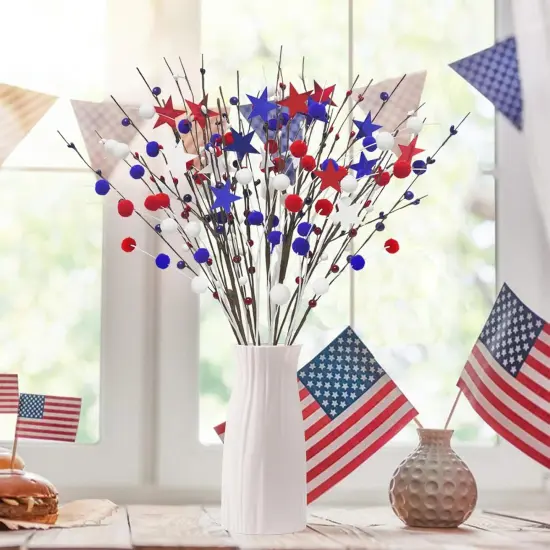 18 Pack Patriotic Artificial Berry Stems 23.6" 4th of July Floral Picks Red White Blue Stars Pip Berry Spray with Felt Balls for Home Office Vase Table Centerpiece 4th of July Decor {4}