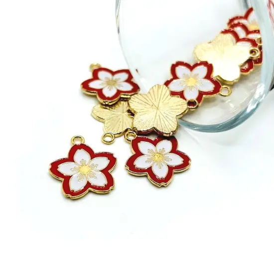 1, 4, 20 or 50 Pieces: Red and White Enamel Flower Charms {1}