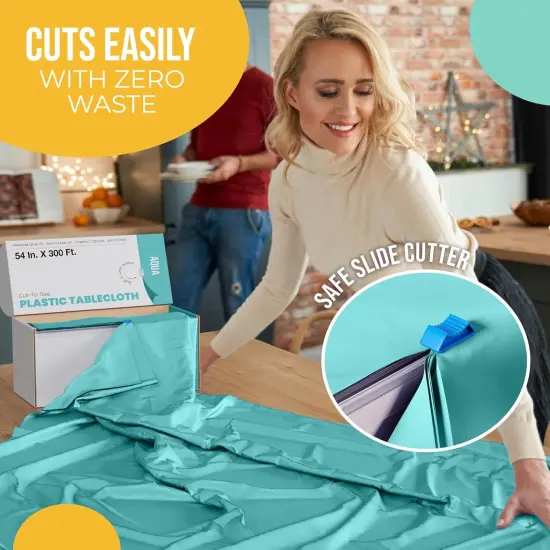 54 Inch X 300 Feet Aqua Plastic Table Cover Roll in A Cut - to - Size Box with Convenient Slide Cutter. Cuts Up to 36 Rectangle 8 Feet Plastic Disposable Tablecloths {5}