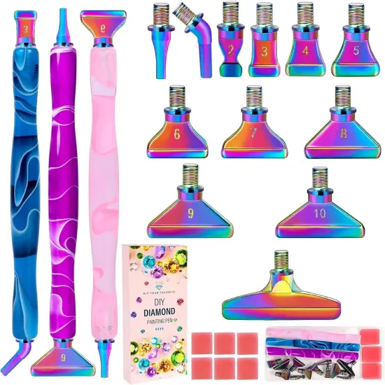 21Pcs Rainbow Diamond Art Painting Metal Tips Screw Thread Tips Diamond Art Painting Pen Accessories Multi Placer Tips 5D Diamond Art Painting Tools with 6 Clay, Gift Box {1}
