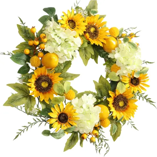 Sunflower Wreath with Hydrangeas, Lemons, Big Berry,Summer Wreath for Front Door, Unique Housewarming Gift,mother'day Gift,Farmhouse Porch Decor, Wall Decor-22IN {3}