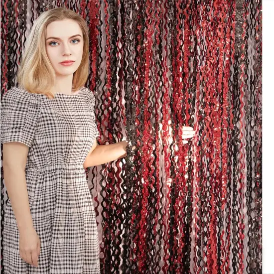 4 Pack 3.3x6.6 ft Red and Black Foil Fringe Backdrop Curtains - Wavy Tinsel Streamers Birthday Birthay Decorations, Fringe Backdrop for Graduation, Xmas, Disco Party {3}