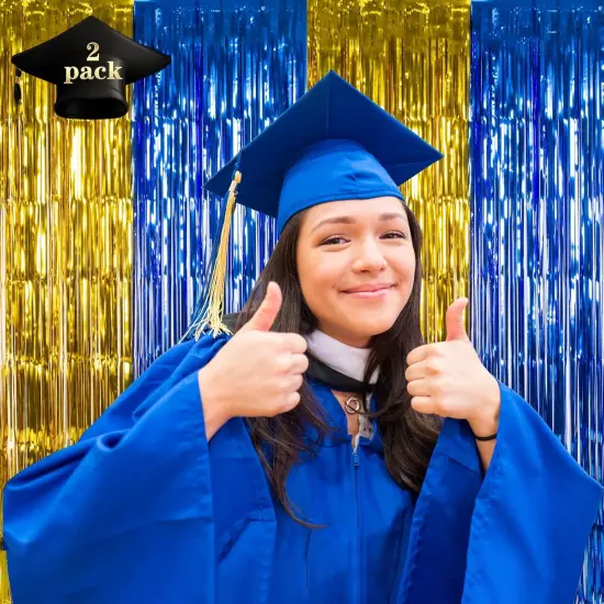 2 Pack Blue and Gold 2025 graduation party decorations, 3.3x6.6 ft Foil Fringe Curtains, Tinsel Backdrop, Graduation Photo Booth Prop Streamer Backdrop for High School College University Party {2}