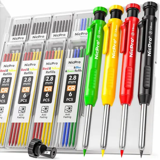 4 Pack Carpenter Pencil with Sharpener, Mechanical Carpenter Pencils with 52 Refills, Construction Pencil Heavy Duty Woodworking Pencils for Architect (Red, Black, Yellow, Blue) {1}