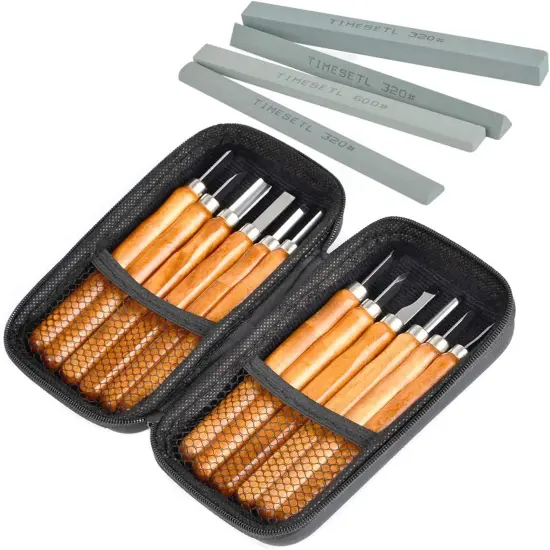 17Pack Small Wood Carving Set, 12pcs Wood Carving Tools SK2 Carbon Steel + 4pcs Whetstone + 1pcs Storage Case for Beginners DIY Woodworking Sculpting Whittling with Safety Cap {1}
