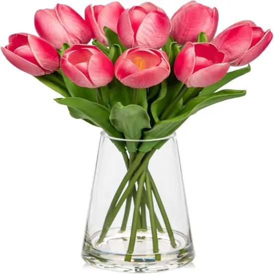 Fake Tulips Artificial Tulip Flowers in Glass Vase with Faux Water, 14.2" Real Touch Pink Tulip Flowers Spring D&eacute;cor for Table Centerpiece Home Farmhouse Resto Wedding Decoration {1}