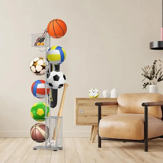 7-Tier Metal Ball Storage Rack with 2 Baskets & Hooks &ndash; Vertical Space-Saving Organizer for Basketball, Football, Volleyball, Gear | Indoor/Outdoor Garage, Gym, Kids&rsquo; Room {6}