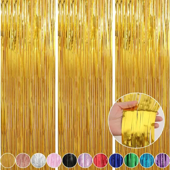 3 Pack 3.3 x 9.9 ft Gold Foil Fringe Glitter Curtains Party Decorations, Tinsel Backdrop for Parties, Door Streamers for Birthday, Photo Booth Backdrops, Party Decor {1}
