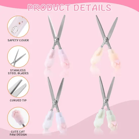 4 Pieces Cute Mini Scissors, Cartoon Cat Paw Stainless Steel Craft Scissors, Folding Stationery Scissors with Safety Cover, Portable Safety Scissors for Paper Cutting, Scrapbooking, Crafting {3}