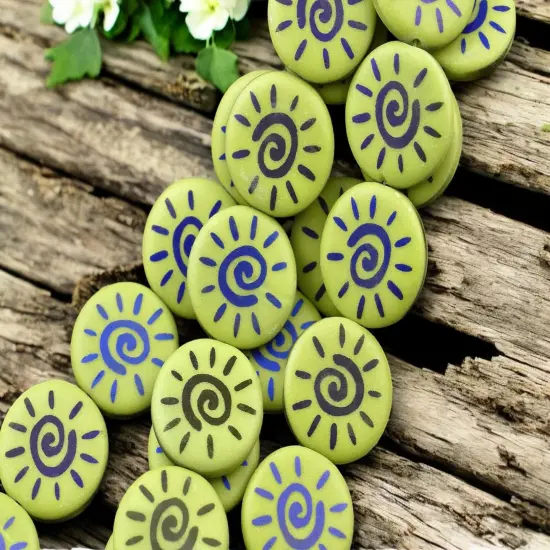 *8* 17mm Opaque Satin Chartreuse Blue Iris Laser Tattoo Sun Coin Beads {1}