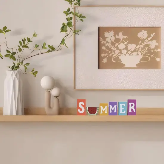 Summer Signs For Home Decor, 6 Pieces Wooden Summer Letter Blocks, Indoor Table Shelf Mantel Tiered Tray Decoration {5}