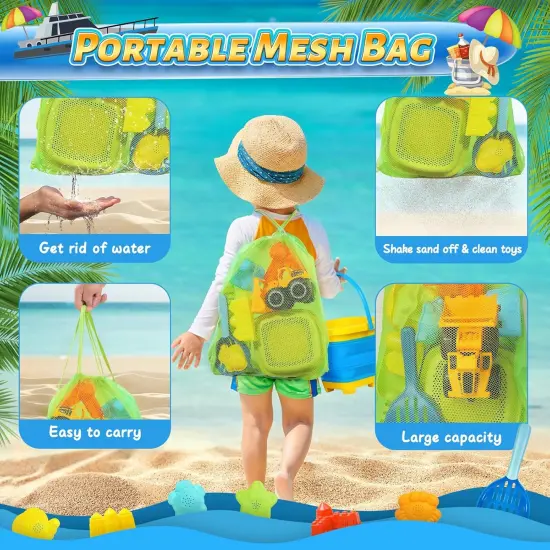 Beach Sand Toys for Kids with Collapsible Bucket and Mesh Bag, Toddlers Filter Sand Scooper Mesh Shovel Cover for Collecting Shells, Castle Molds, 16 Pcs Beach Essentials Toys for Summer Outdoor Beach {2}