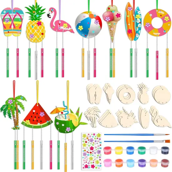 30 Pack Summer Wind Chime Making Kit for Kids, Summer Beach Fruit DIY Wind Chime Wooden Crafts Kit Ornaments for Girls and Boys Activity Birthday Outdoor Decoration {1}