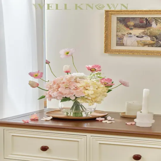 Artificial Flowers with Glass Vase, Fake Tulips, Silk Hydrangea Flower Bouquet Arrangement with Faux Water for Home Office Hotel Wedding Party Dining Table Centerpieces Decor & Gift (Pink & Champagne) {2}