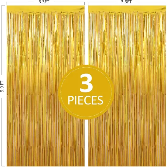 Birthday Party Decorations: 3 Pack 3.3 x 9.9 ft Gold Foil Fringe Curtains Party Supplies, Tinsel Curtain Backdrop for Parties/Birthday/Photo Booth {2}
