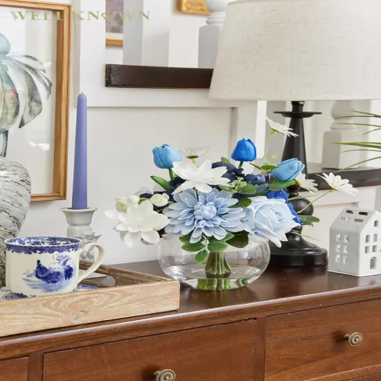 Artificial Flowers with Vase Silk Flower Arrangements in Round Bowl Vase with Faux Water for Home Table Decoration (Mixed Blue) {4}