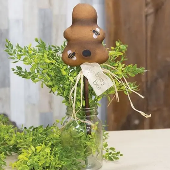 Primitive Beehive Decoration Golden Linen Busy Bee Pick with Wooden Dowel and Raffia Accent {2}