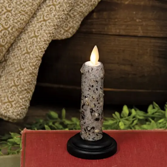 LED Silicone Dipped Grey Taper Candle Rustic Wood Base Battery Powered Timer and Remote Use {2}