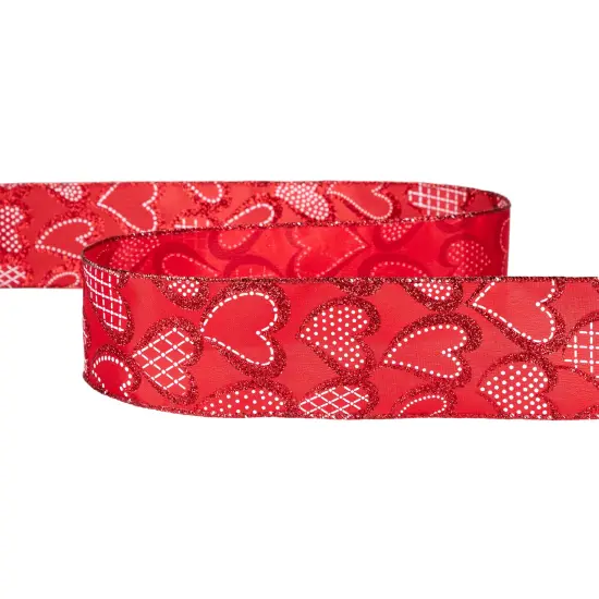 Northlight Hearts Valentine's Day Glittered Wired Craft Ribbon - 2.5" x 10 Yards - Red and White {5}