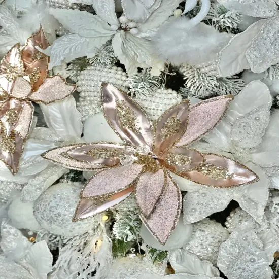 Elegant Rose Gold Poinsettia with Crystals and Glitter 12'' Set of 2 {4}