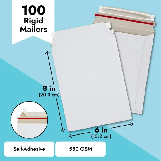 100 Pack 6x8 Rigid Mailers - 550 GSM Thick Self Adhesive Stay Flat Cardboard Envelopes for Shipping Photos, Documents, Collectible Trading Cards (White) {4}