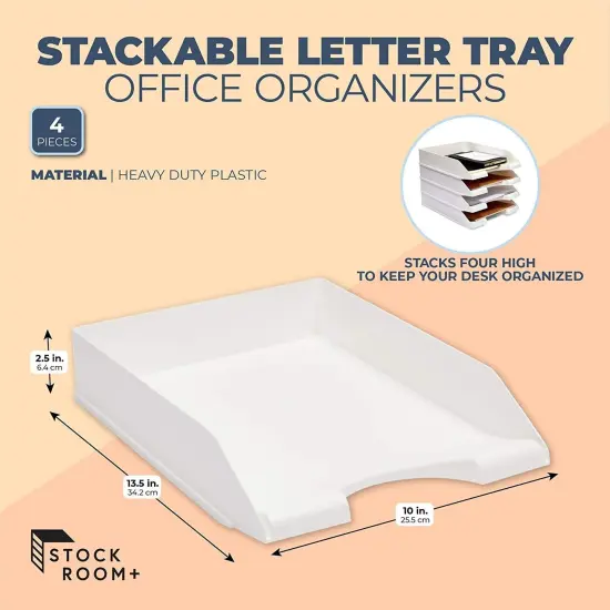 4 Pack White Stackable Paper Trays for Letter Documents, Desktop File Organizers for Office Supplies, Stackable Desk Tray Holder for Paper Storage (10 x 13.45 x 2.5 In) {2}